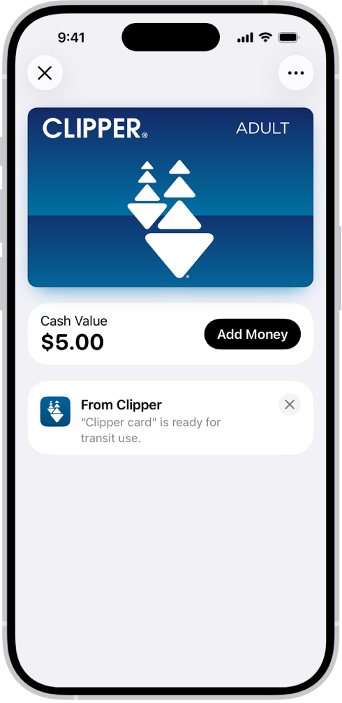 A transit card in the Wallet app, showing the balance in the account and the Add Money button.