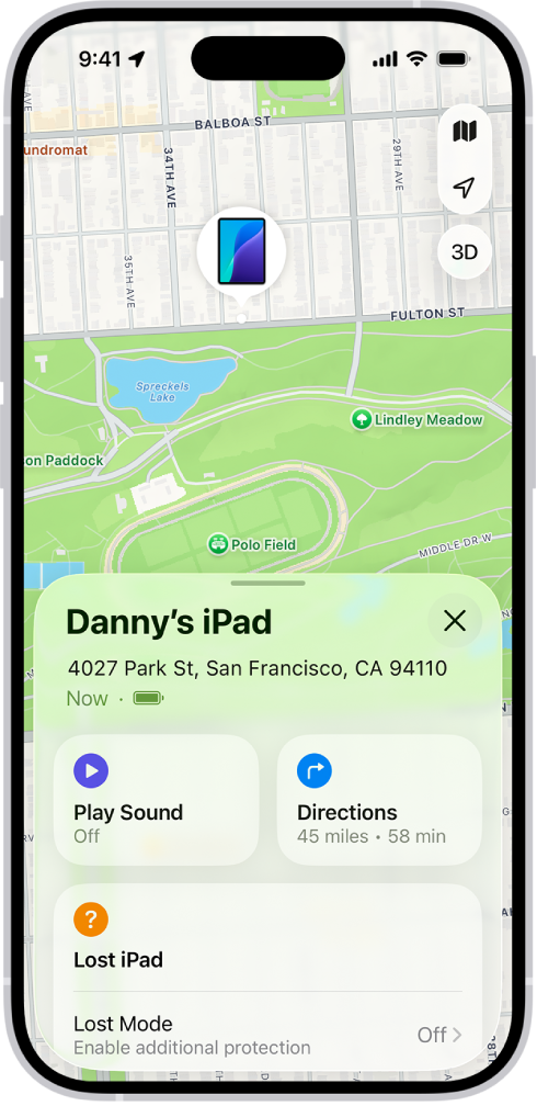 The Find My screen showing the location of an iPad on a map at the top of the screen.