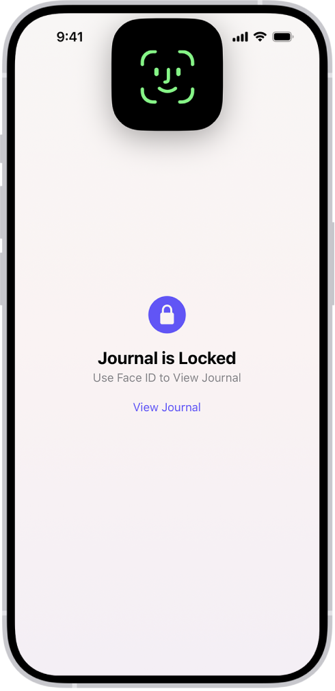A screen in the Journal app that prompts you to use Face ID to unlock your journal.