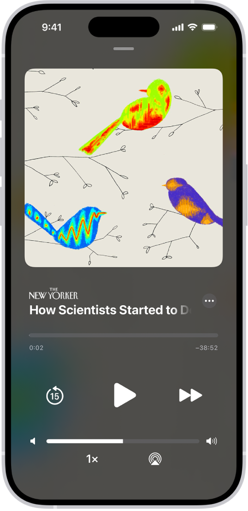 An audio story in Apple News+. Below it are audio player controls and a volume slider.
