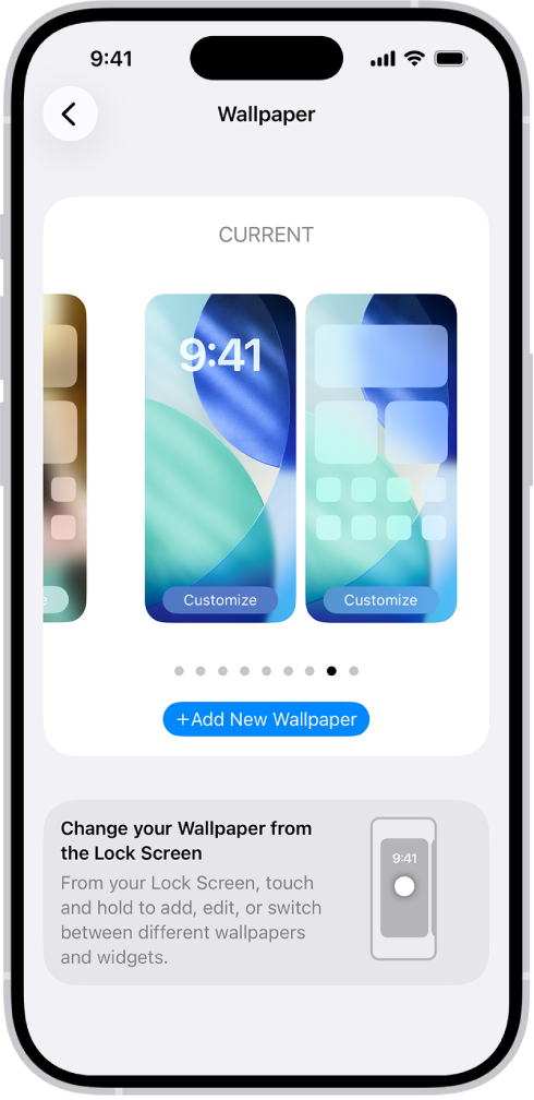 The Wallpaper Settings screen, with buttons for customizing the current wallpaper on the Home Screen and Lock Screen, and the Add New Wallpaper button for changing the wallpaper.