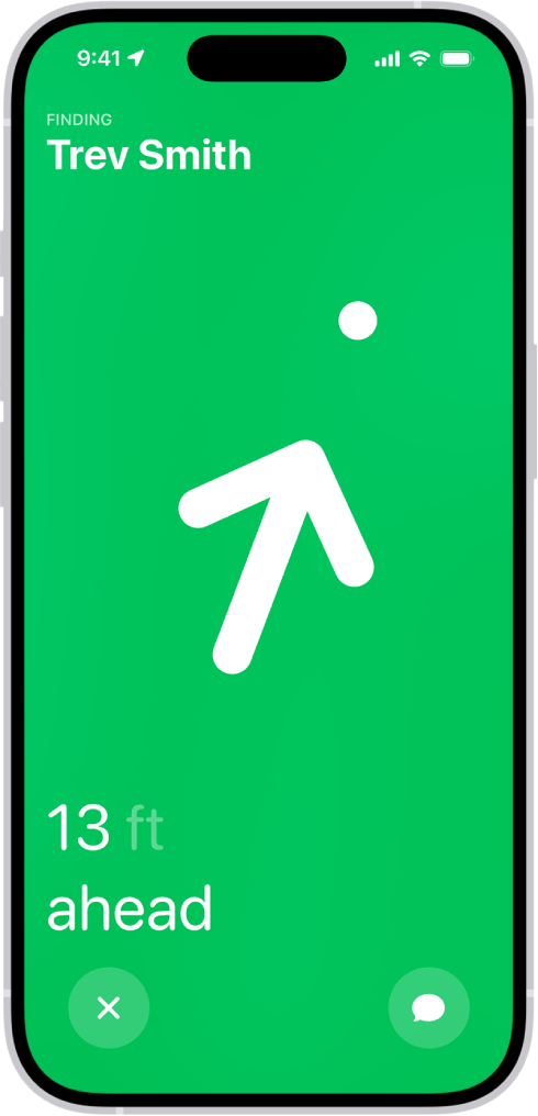 The name of a person being located with Precision Finding is in the top-left corner, and an arrow points in their direction with an estimate of how far away they are. At the bottom of the screen are buttons to close Precision Finding and send a message to the person.