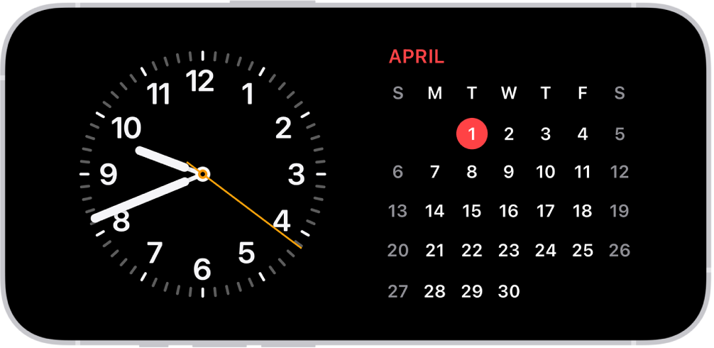 iPhone turned horizontally. The left side of the screen display a clock and the right side of the screen displays the date.