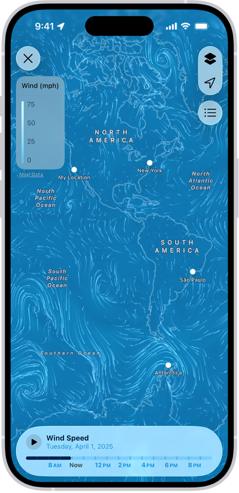A wind map of the ocean fills the Weather app screen. The Close Map button and the Wind Map Overlay Scale are in the top-left corner. In the top-right corner, from top to bottom, are the Overlay Menu, Current Location, and Locations buttons. Along the bottom is a timeline.