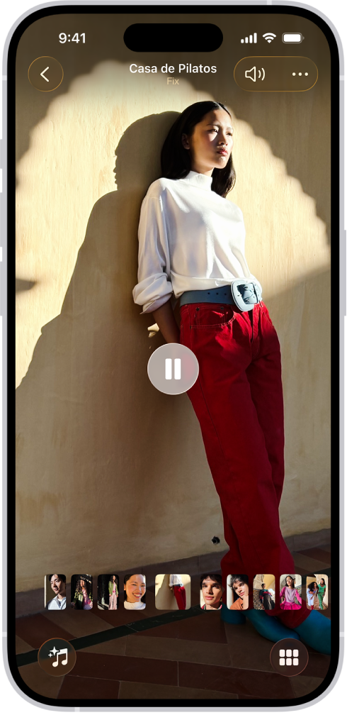 A memory is playing in the middle of the screen. At the bottom of the screen are the Memory Mixes and Browse buttons. At the top of the screen are the Back, Mute, and More buttons. At the top center of the screen are the location of the photo and the name of the song playing.