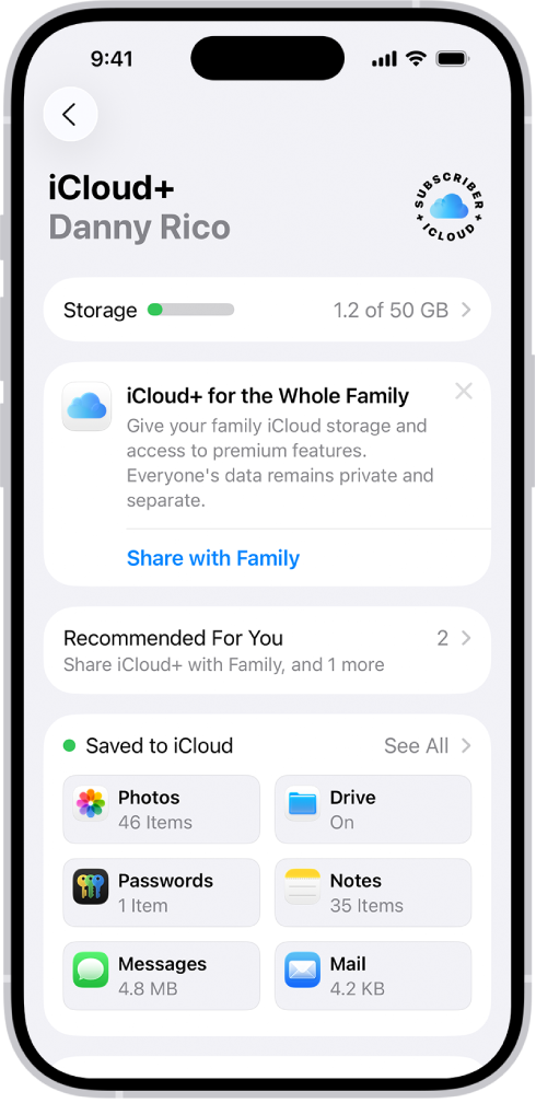 The iCloud settings screen showing the iCloud storage meter and a list of features—including Photos, iCloud Drive, and iCloud Backup—that can be used with iCloud.