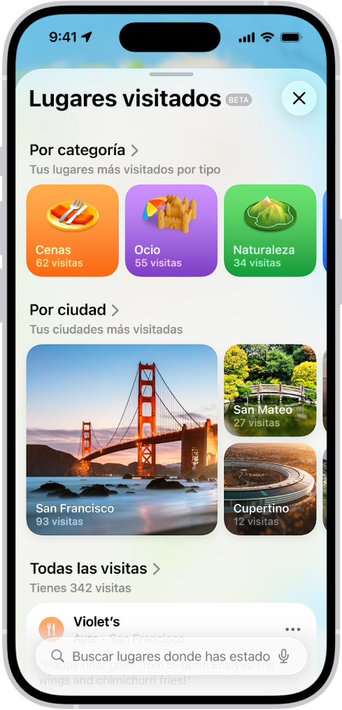 La pantalla Lugares visitados en la app Mapas. Una tarjeta en la pantalla muestra las categorías de lugares que has visitado (Transporte, Compras e Industria) y el número de visitas a cada uno de ellos.