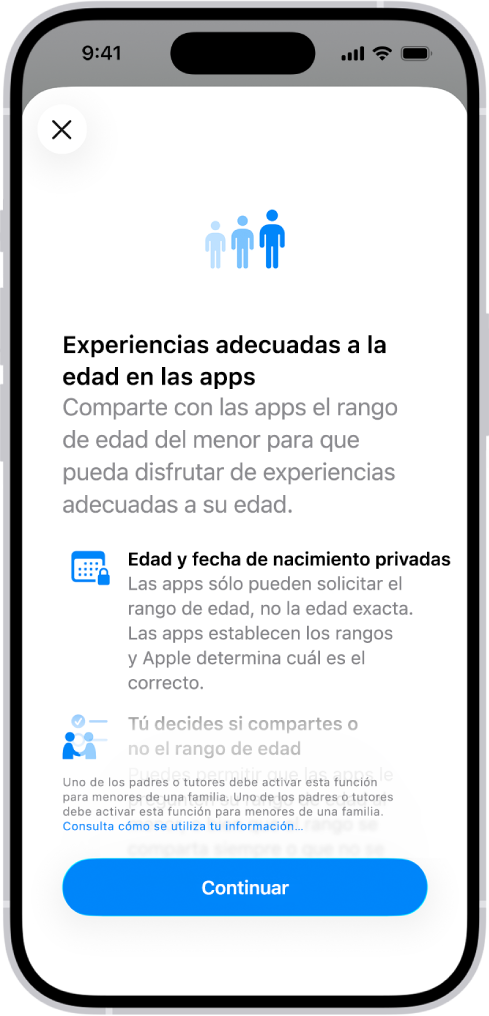La pantalla de incorporación para las funciones de experiencias apropiadas para la edad en las apps.