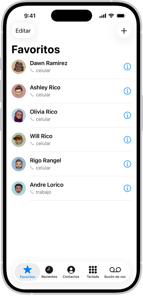 La pantalla Favoritos en la app Contactos, donde se muestran seis contactos marcados como favoritos.