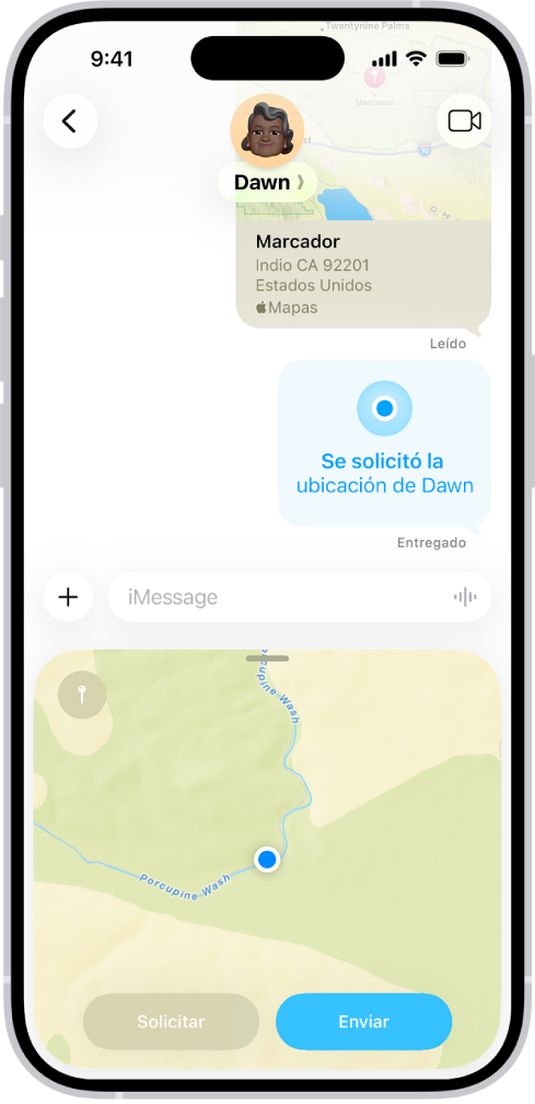 Una conversación de Mensajes con un marcador de ubicación, una solicitud de ubicación y una ubicación a punto de enviarse.