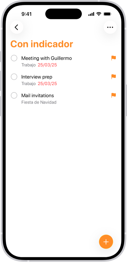 La lista inteligente marcada en la app Recordatorios, que recopila automáticamente todos los recordatorios marcados con un indicador en una única lista consolidada.