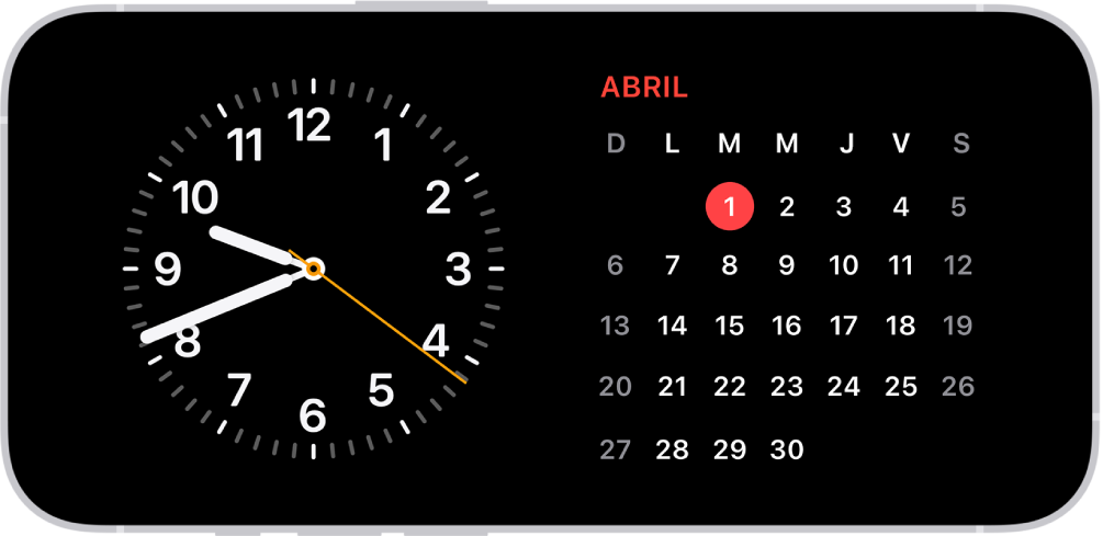 El iPhone en modo En espera con luz ambiental tenue, mostrando los widgets de Reloj y Calendario.