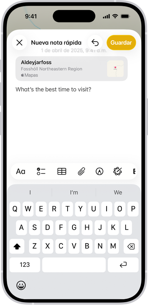 Una nota rápida que muestra un enlace a una ubicación en Maps y texto en la parte inferior. El botón Guardar está en la parte superior izquierda.