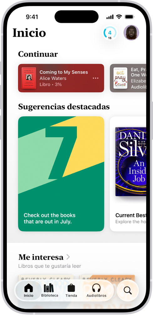 La pantalla Inicio de la app Libros. En la parte inferior de la pantalla, de izquierda a derecha, se encuentran las pestañas Inicio, Biblioteca, Tienda, Audiolibros y Buscar. La pestaña Inicio está seleccionada.