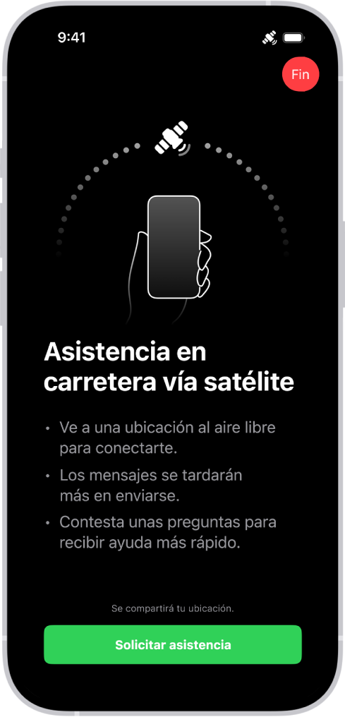 La pantalla de Solicitar asistencia en carretera por satélite. En la parte inferior de la pantalla está el botón Solicitar asistencia.