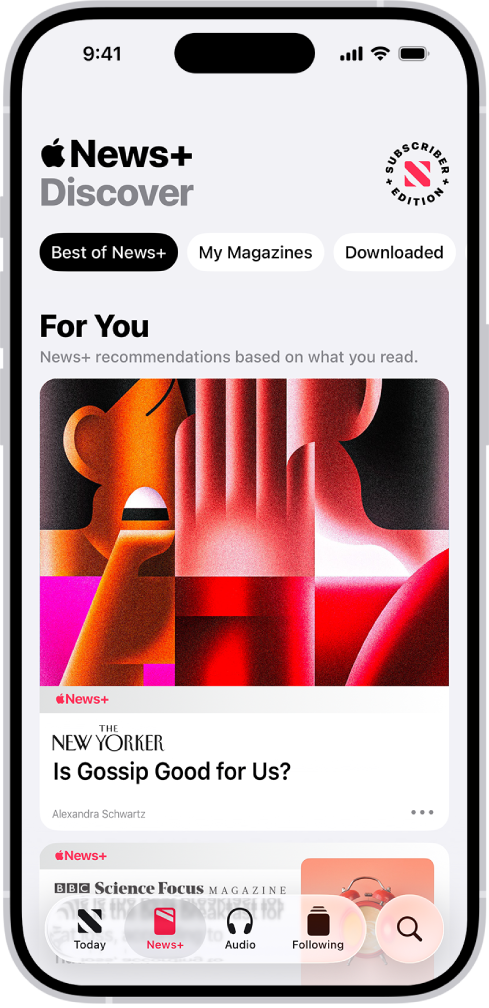 Un artículo de una revista de Apple News+. En las pestañas de la parte inferior, se selecciona News+.