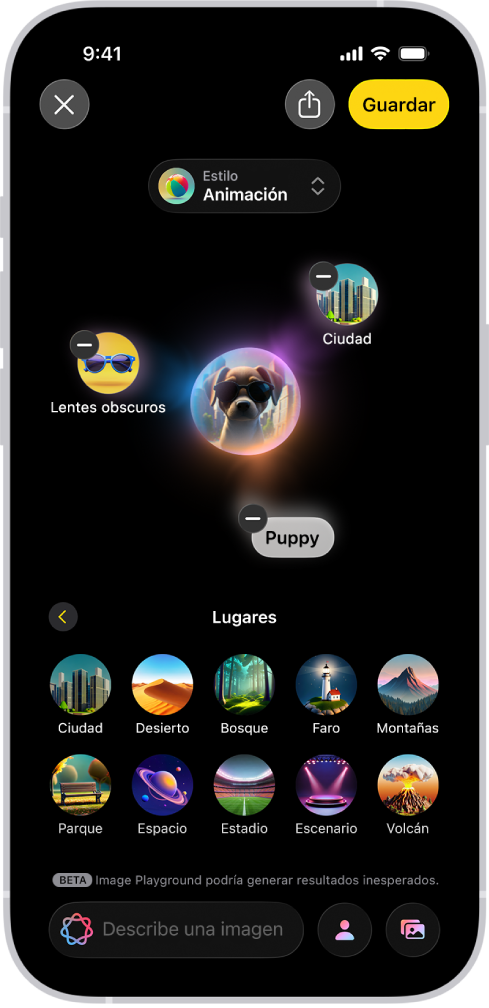 La ventana de la app Image Playground mostrando una imagen creada de un perro con lentes de sol.
