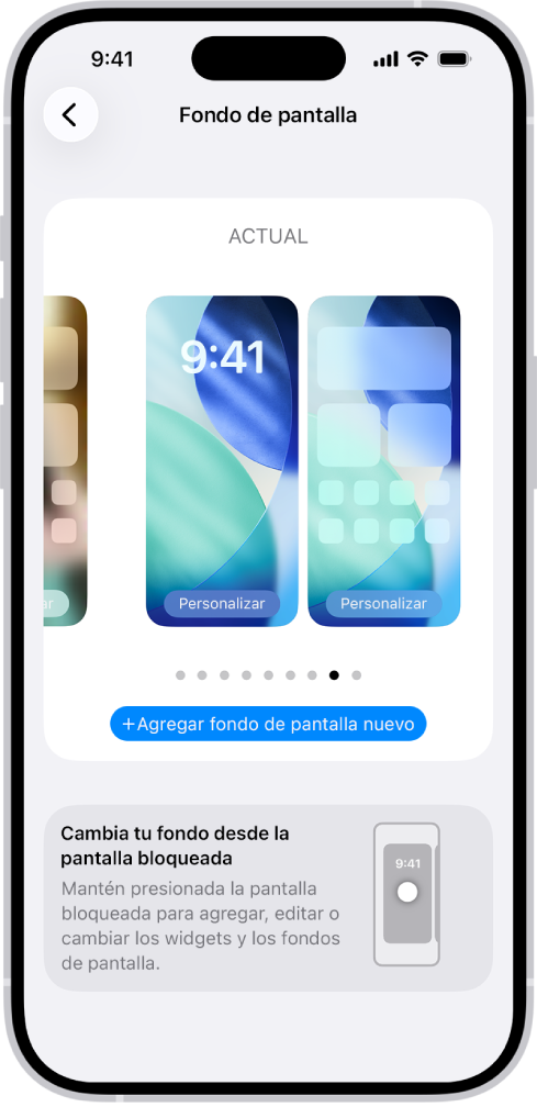 La pantalla de Configuración de fondo de pantalla, con botones para personalizar el fondo de la pantalla de inicio y la pantalla bloqueada actuales, y el botón Agregar nuevo fondo de pantalla para cambiar el fondo de pantalla.
