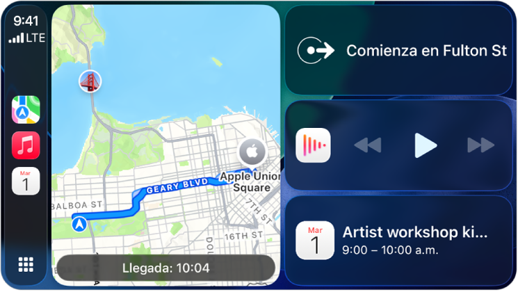 Una pantalla de CarPlay muestra Mapas, Música y Mensajes en la barra lateral. A la derecha hay un mapa del Apple Park, una ventana de navegación y una ventana que muestra lo que se está reproduciendo actualmente.