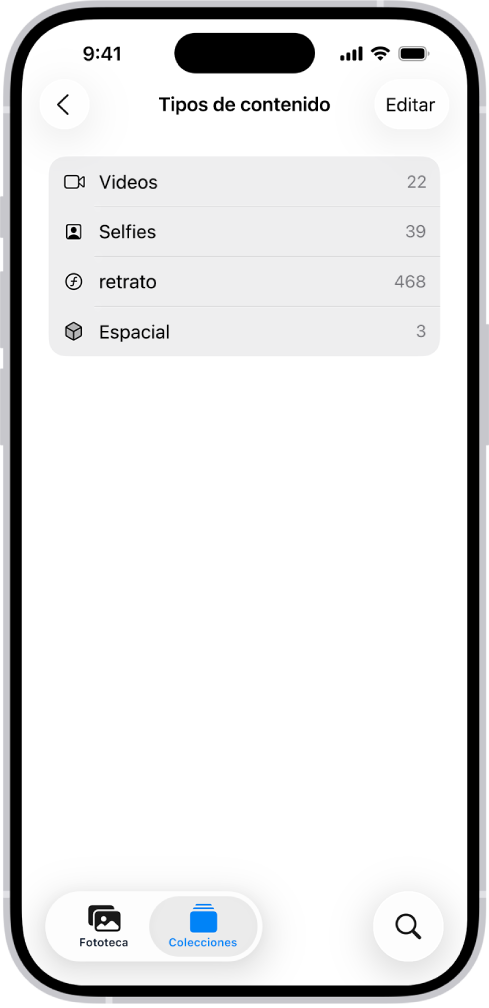 En la app Fotos, la colección Tipos de contenido está abierta y muestra una lista de colecciones de fotos.