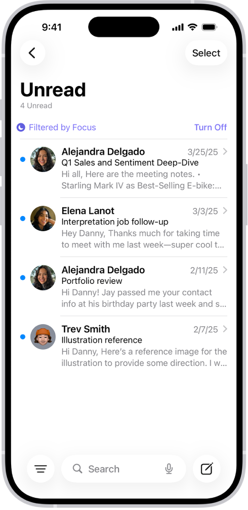 El buzón de entrada, con una lista de mensajes. Encima de la lista de mensajes está la etiqueta “Filtrado por modo de concentración” y, a la derecha, dice Desactivar.
