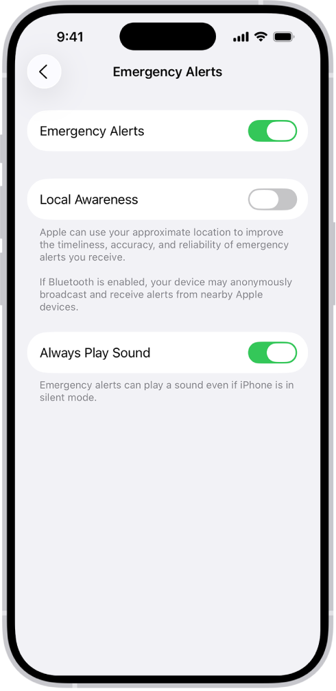 Pantalla “Alertas de emergencia” con las opciones “Alertas de emergencia”, “Detección de ubicación” y “Reproducir sonido siempre” activadas.