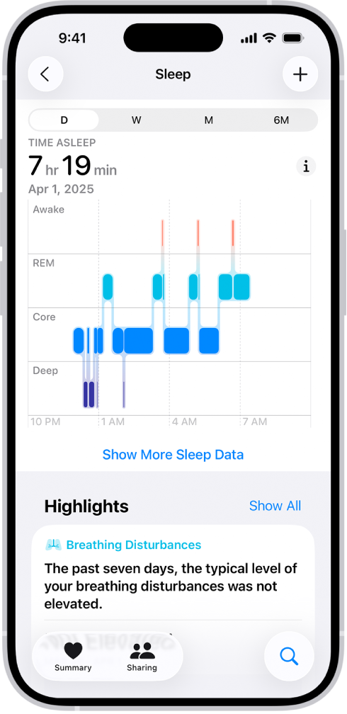 Pantalla Sueño de la app Salud con el tiempo estimado que se ha pasado despierto y en la fase REM, la de sueño esencial y la de sueño profundo.
