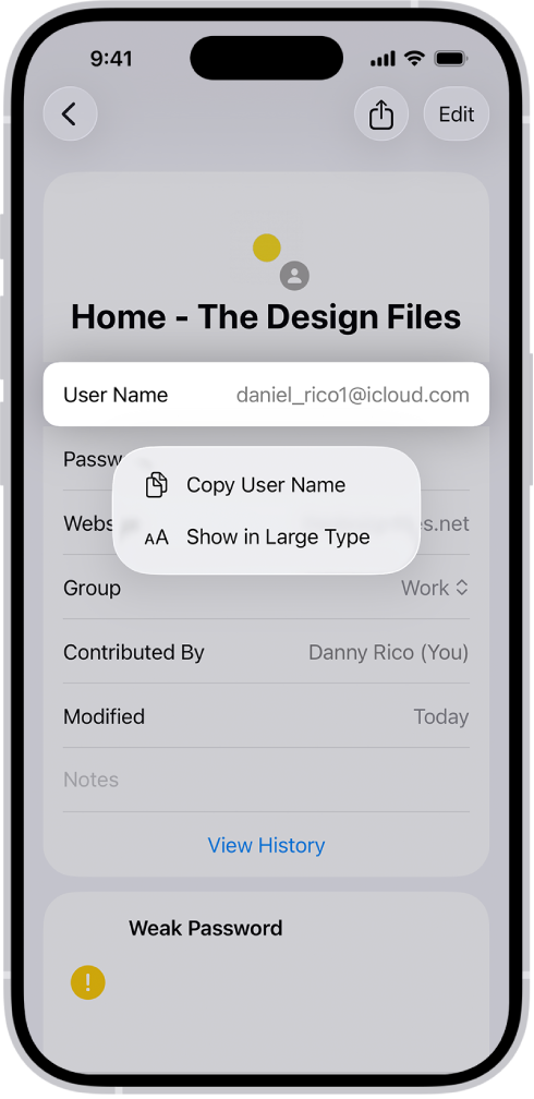Pantalla de una cuenta con el nombre de usuario resaltado y opciones para “Copiar nombre de usuario” y “Mostrar números grandes”.