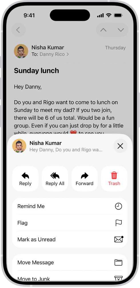 E-kirjas kuvatakse vastusevalikuid. Ekraani keskosas on (vasakult paremale) valikud Reply, Reply All, Forward ja Trash.