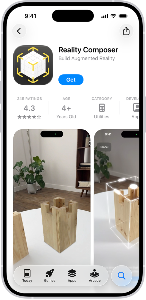 Apin tietosivu App Storessa. Sivulla näkyvät muun muassa Hae-painike, arviointeja, ikärajat, kehittäjä ja näyttökuvia. Alareunassa vasemmalta oikealle näkyvät seuraavat painikkeet: Tänään, Pelit, Arcade ja Haku.