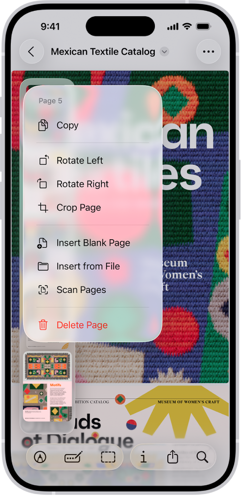 PDF-katalogi, jossa näkyvät miniatyyrit vasemmalla puolella. Viimeinen miniatyyri on korostettu, ja sen yläpuolella on valikko, jossa näkyvät Kopioi-, Pyöritä vasemmalle-, Pyöritä oikealle-, Rajaa sivu-, Lisää tyhjä sivu-, Lisää tiedostosta-, Skannaa sivut- ja Poista sivu -vaihtoehdot.