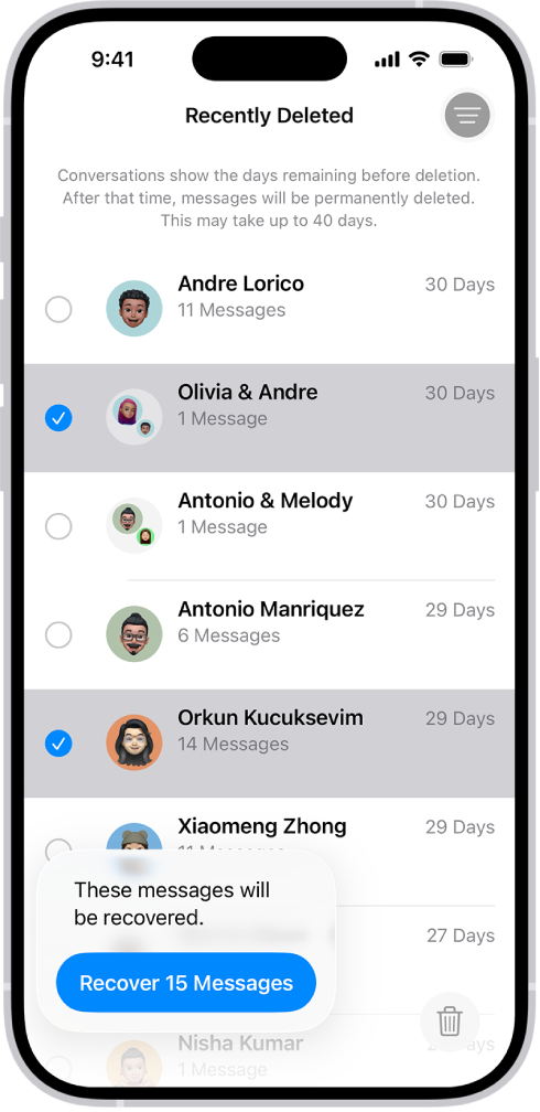 Kaikkien kahdesta keskustelusta poistettujen viestien palauttaminen.