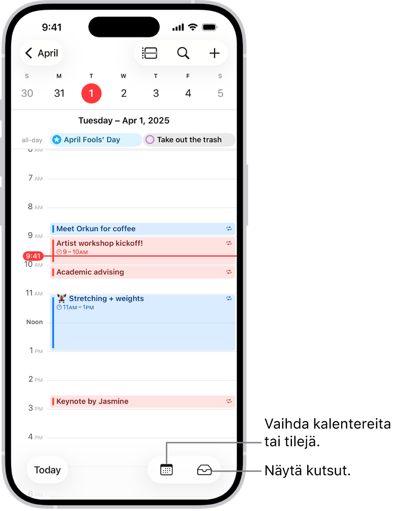 Kalenterin päivänäkymä, josta näkyy päivän tapahtumat. Kalenterit-painike on näytön alareunassa ja Saapuneet-painike alaoikealla.