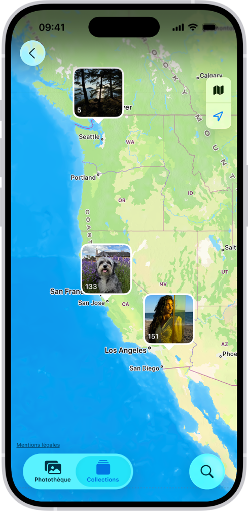 La vue Plan est ouverte dans l’app Photos, avec certains lieux mis en avant. Le nombre de photos prises dans chaque lieu est indiqué.