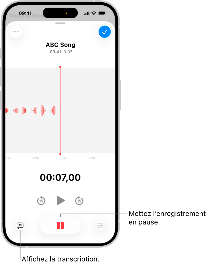 Enregistrement Dictaphone affichant une forme d’onde de l’enregistrement en cours, avec un indicateur de temps et un bouton permettant de mettre l’enregistrement en pause.
