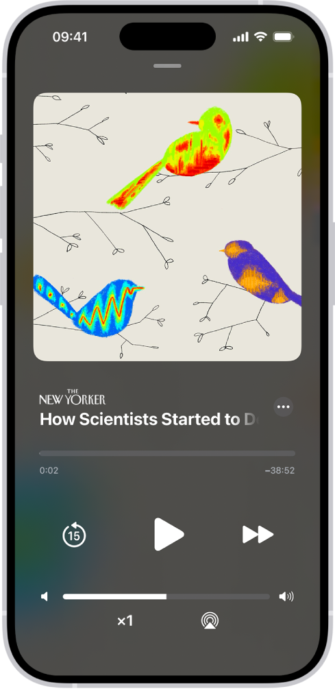 Un article audio dans Apple News+. En dessous se trouvent des commandes du lecteur audio et un curseur de volume.
