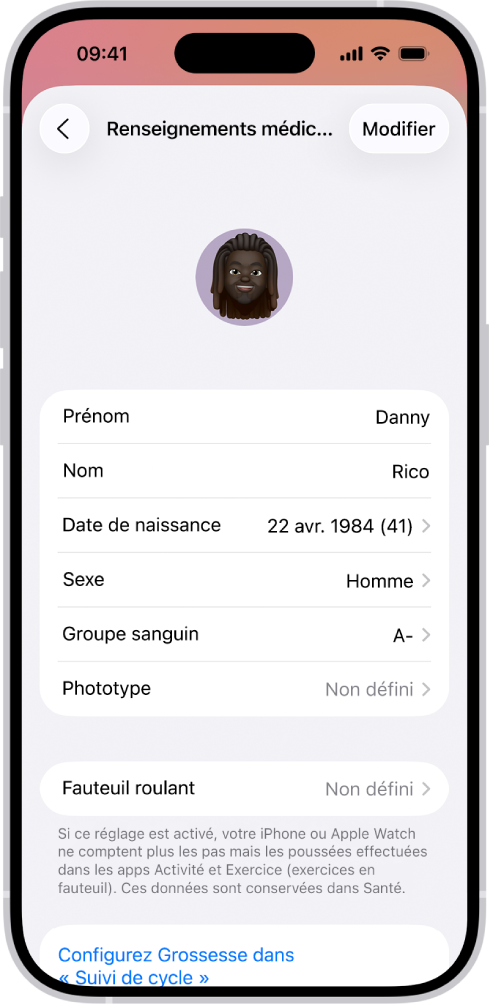 L’écran « Renseignements médicaux » qui inclut des champs pour le nom, la date de naissance, le groupe sanguin et d’autres informations.