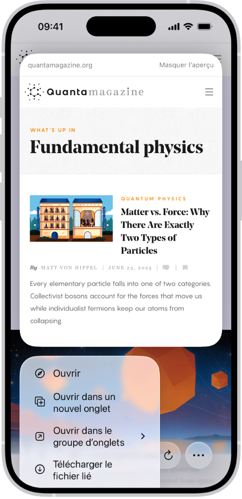 Un aperçu de site web, suivi par une liste d’actions possibles : Ouvrir, Ouvrir dans un nouvel onglet, Ouvrir dans le groupe d’onglets, Télécharger le fichier lié et Ajouter à la liste de lecture.
