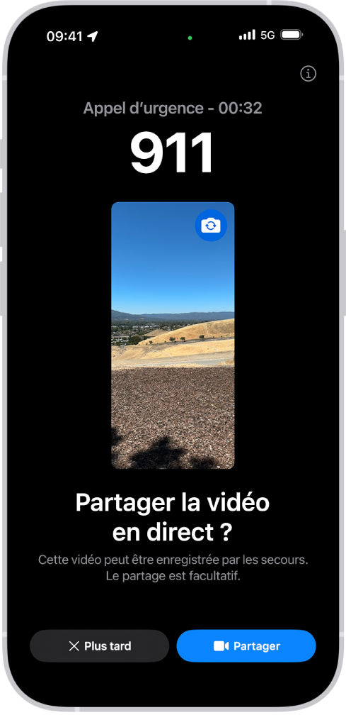 Un écran « Vidéo en direct d’Appel d’urgence » affichant un appel téléphonique aux secours, avec un aperçu vidéo au milieu de l’écran. En bas de l’écran se trouvent les boutons « Plus tard » et « Partager la vidéo ».