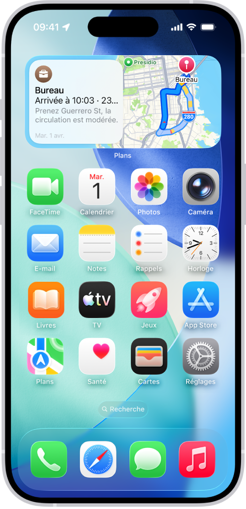 Le widget Plans, d’autres widgets ainsi que des icônes d’app sur l’écran d’accueil d’un iPhone.