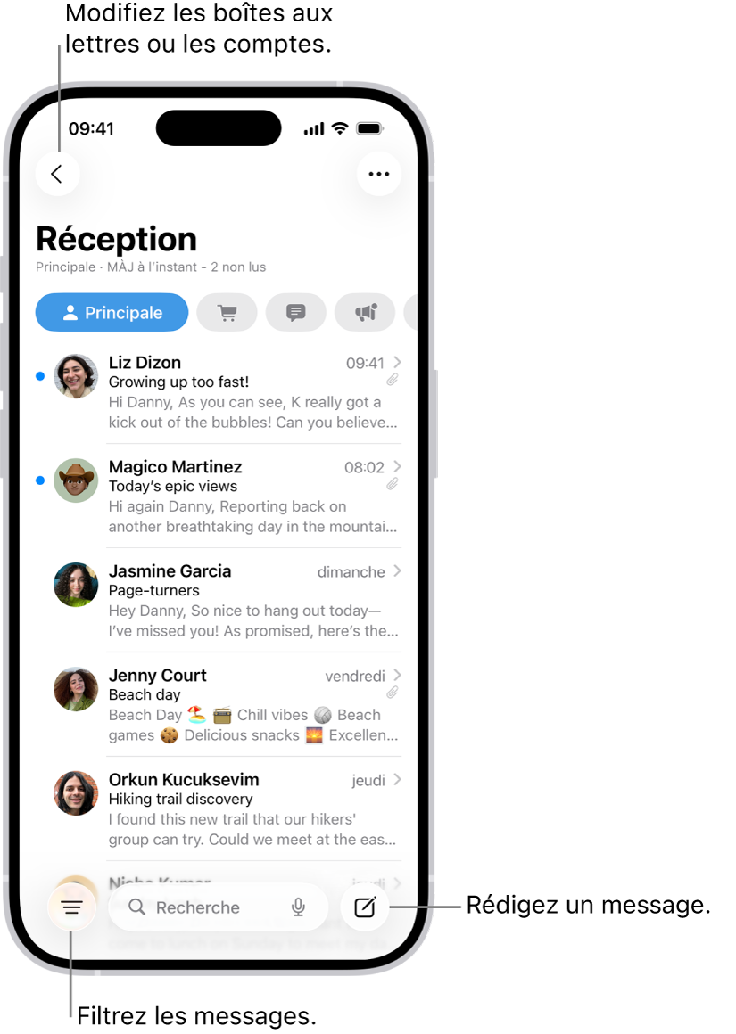 La boîte de réception Mail affichant une liste d’e-mails.