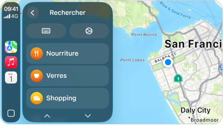 Un écran CarPlay montrant un plan de San Francisco. Sur la droite se trouve les boutons de position, 3D, de signalement de danger et de zoom. En bas de trouvent les boutons Rechercher et Destination.