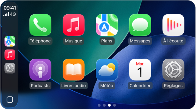 Accueil CarPlay affichant Plans, Musique et Messages dans la barre latérale. À droite se trouvent Livres audio, Calendrier, Plans, Messages, Musique, À l’écoute, Téléphone et Podcasts.