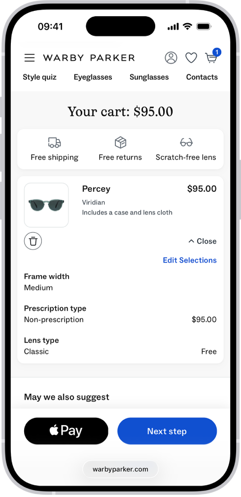 Le panier d’une app affichant le prix des articles sélectionnés. Le bouton Apple Pay se trouve en bas à gauche.