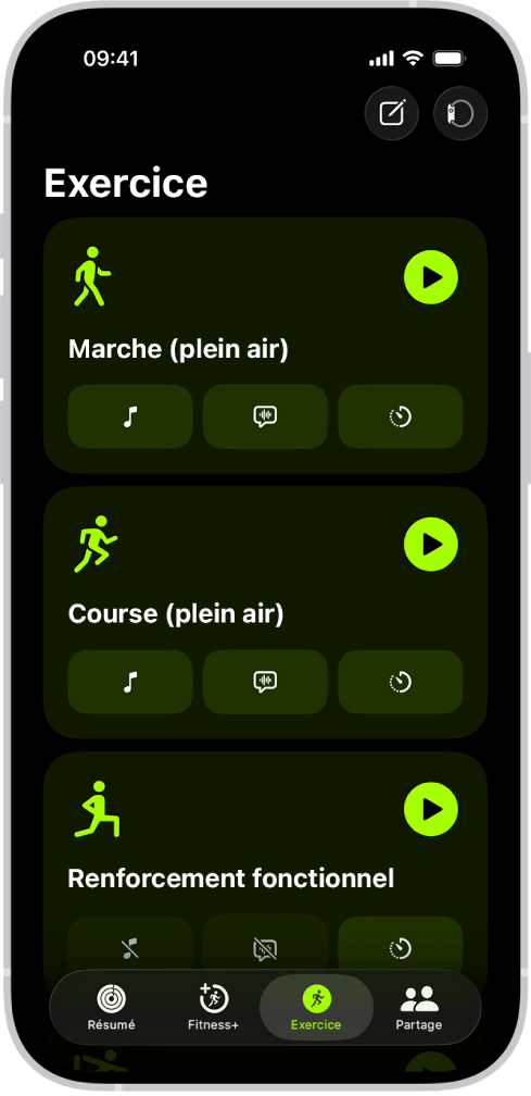 L’écran des exercices de Forme avec trois types d’exercices. Les boutons permettant d’enregistrer un exercice ou de connecter un capteur de fréquence cardiaque se trouvent en haut de l’écran.