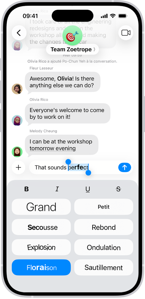 Une conversation Messages affichant un nouveau message sélectionné dans le champ de texte avec, en dessous, des options relatives à la mise en forme et aux effets. Un aperçu du texte sélectionné auquel un effet a été appliqué s’affiche.