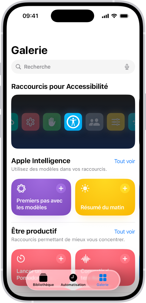 L’écran Galerie dans l’app Raccourcis avec un champ de recherche en haut. En dessous se trouvent trois galeries : « Raccourcis pour Accessibilité », « Être productif » et « Raccourcis rapides ». En bas de l’écran se trouvent les boutons Raccourcis, Automatisation et Galerie. Le bouton Galerie est sélectionné.
