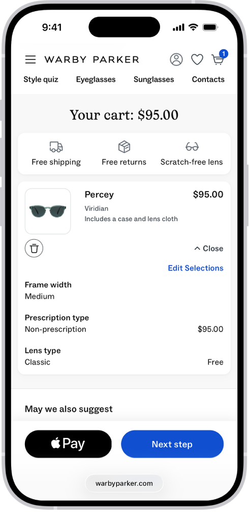 સિલેક્ટેડ આઇટમની કિંમતો દર્શાવતી ઍપની શોપિંગ કાર્ટ. Apple Pay બટન નીચે ડાબી બાજુએ છે.