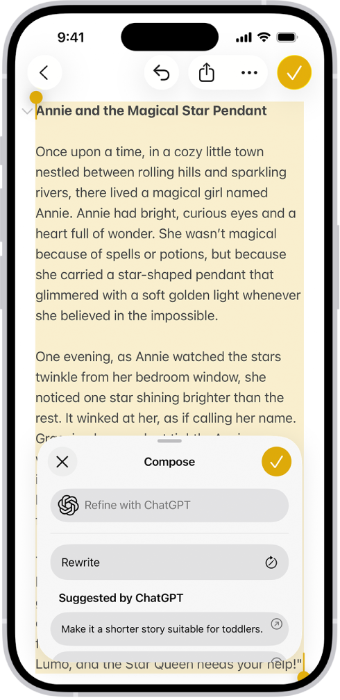 નોટ્સ ઍપમાં ટેક્સ્ટ બતાવતો iPhone. સ્ક્રીનમાં નીચે “લેખનશિલ્પી દ્વારા કંપોઝ કરો” ડાયલૉગ છે જેમાં ફેરફારનું વર્ણન કરવા, ફરીથી લખવા, ChatGPT સૂચનો પસંદ કરવા વગેરે વિકલ્પોનો સમાવેશ થાય છે.