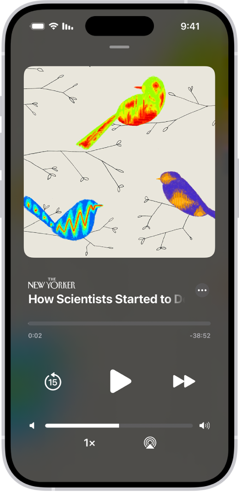 כתבת שמע מתוך Apple News+. מתחת לנגן מופיעים פקדי הפעלת השמע ומחוון עוצמת שמע.